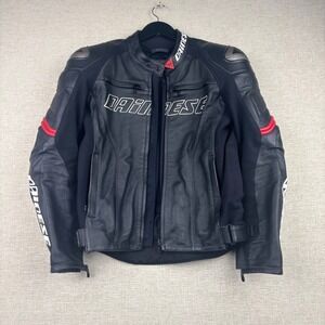 Dainese Men Black Red Leather Motorcycle Racing Jacket Armor Size 46 Small